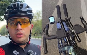 Avtobusla velosipedçini çətin vəziyyətə saldı - Video