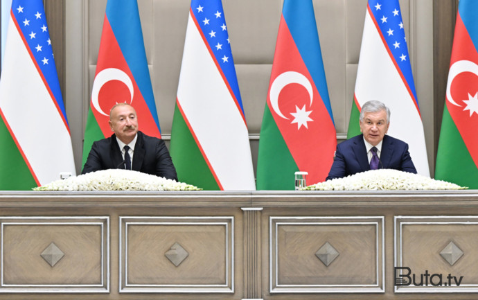  Azərbaycan və Özbəkistan prezidentləri mətbuata bəyanatlarla çıxış etdilər - Fotolar  